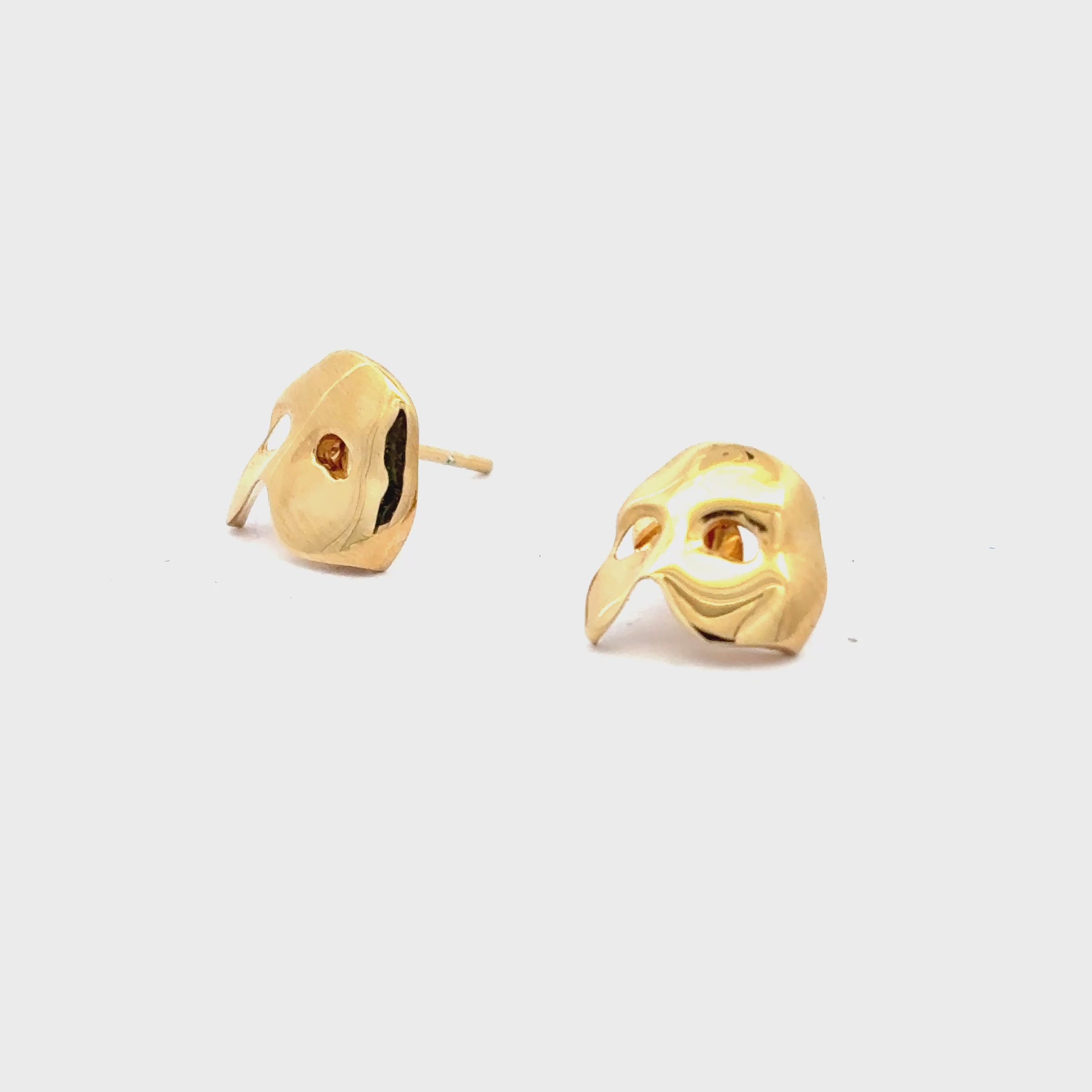 Handmade 18ct gold vermeil Phantom mask stud earrings, officially licensed Andrew Lloyd Webber jewellery 360 turnaround 
