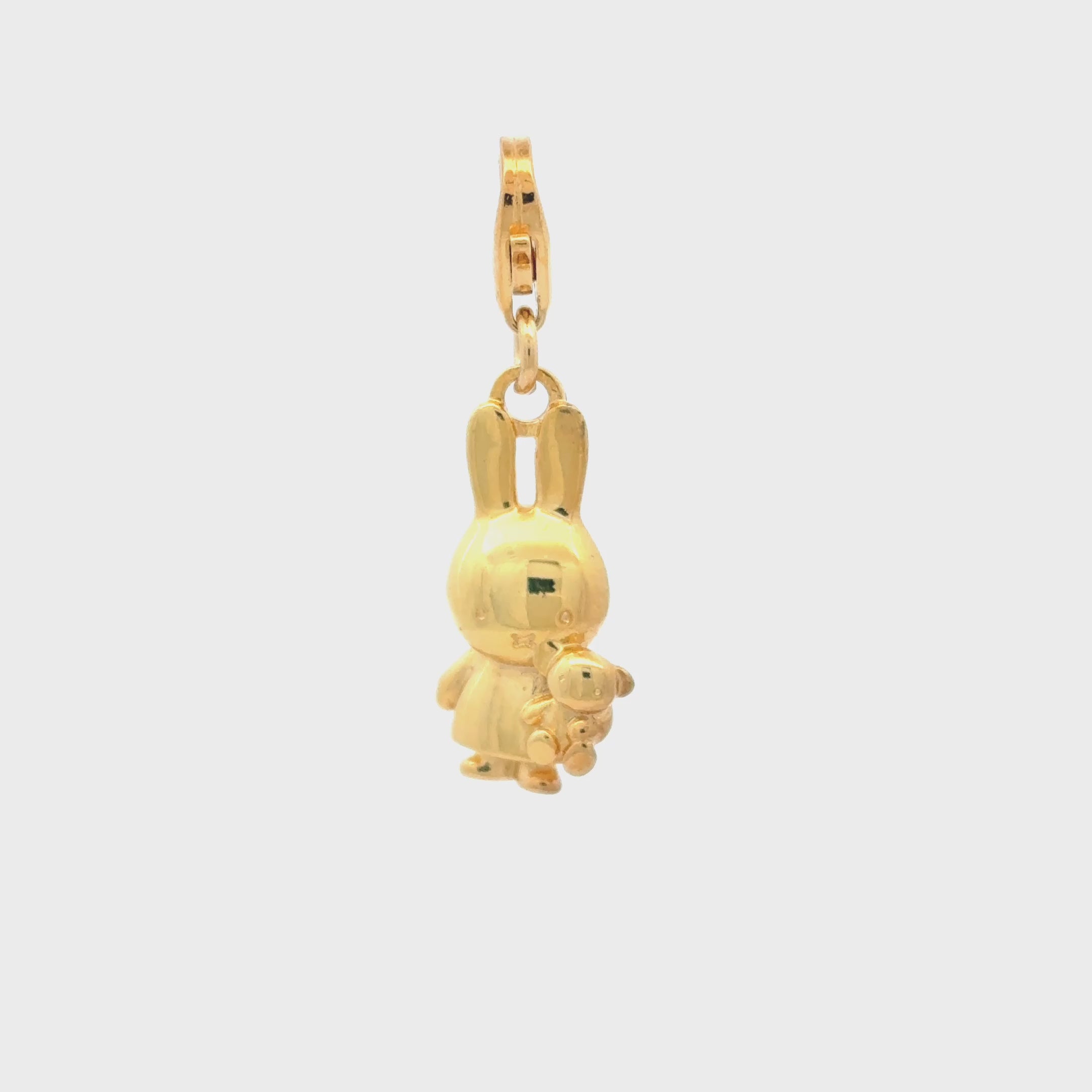 Video showcasing the Miffy Holding Teddy clip-on charm in 18ct gold vermeil, highlighting the 3D bunny and teddy bear design.