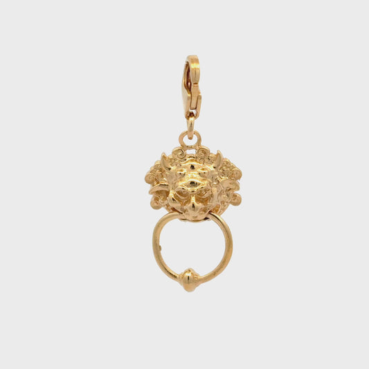 Licensed To Charm gold vermeil Labyrinth Left Door Knocker Charm – close-up 360 turnsround of the secure clip-on clasp and oxidised detailing that enhances the character’s expression.