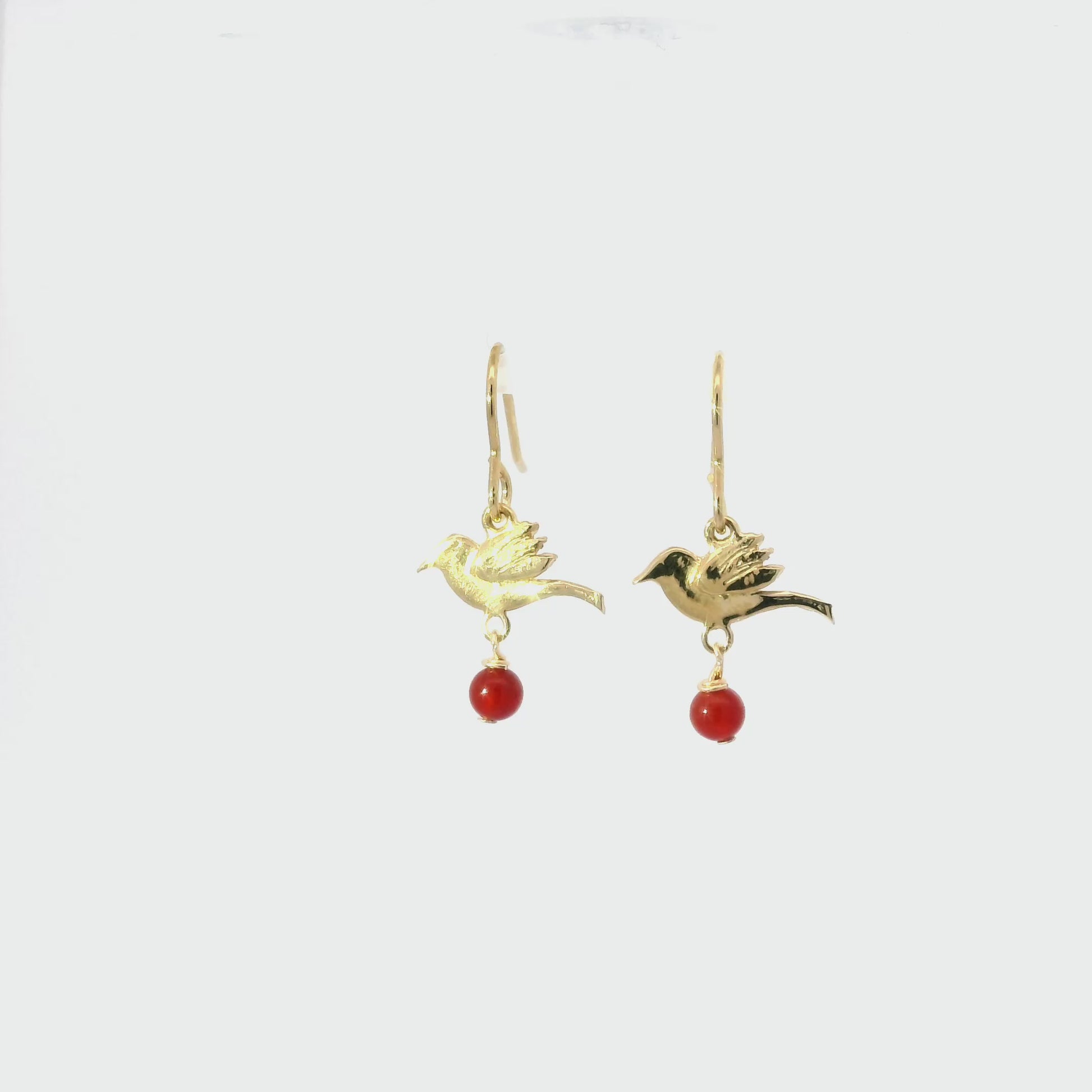 Handcrafted Frida Kahlo Bird Earrings in gold vermeil with red carnelian drops. Inspired by the birds of Casa Azul, perfect for art lovers and jewellery collectors