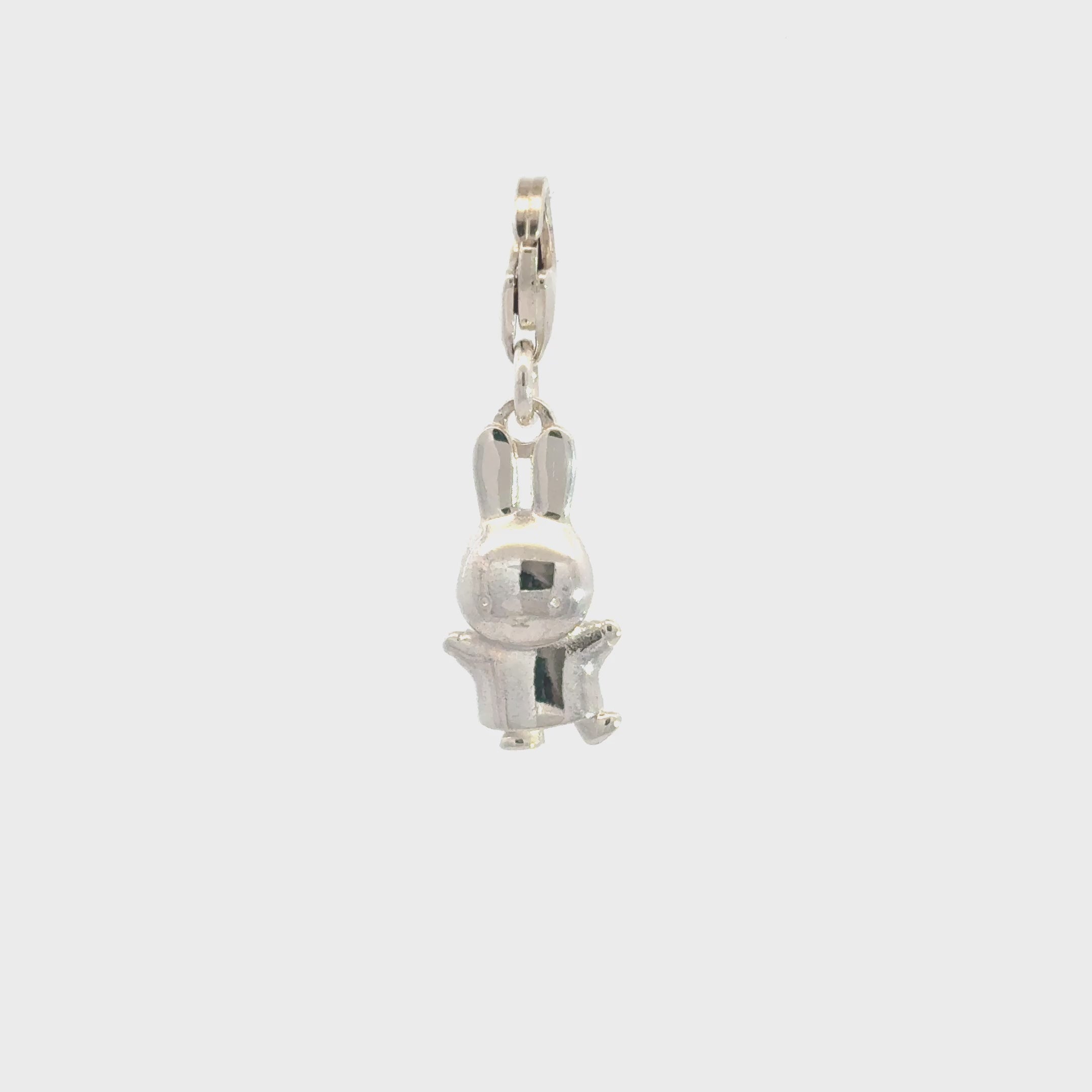 Video showcasing the Miffy Jumping Clip-On Charm in sterling silver, highlighting its three-dimensional design and playful pose.