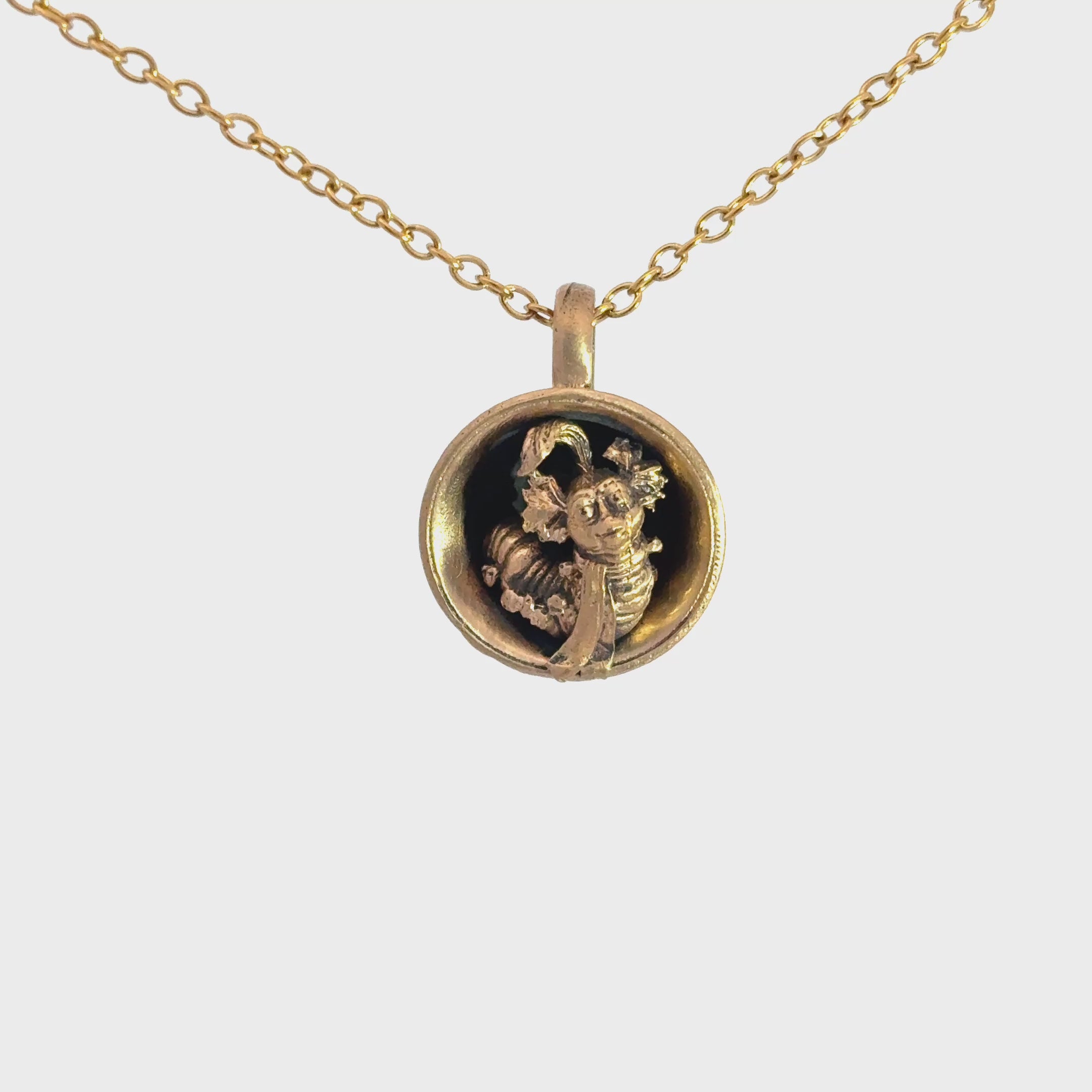 Video turnaround  showing the sculpted detail of the Labyrinth Worm in a Cup bronze necklace