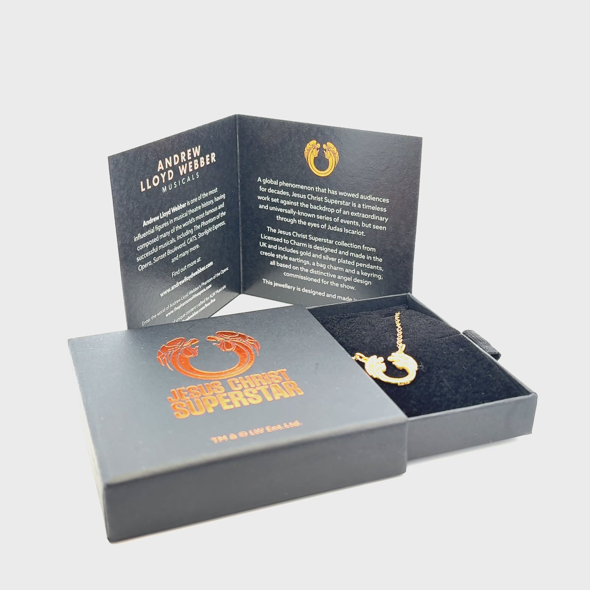 Jesus Christ Superstar hoop earrings presented in Licensed To Charm gift packaging, official musical theatre jewellery.