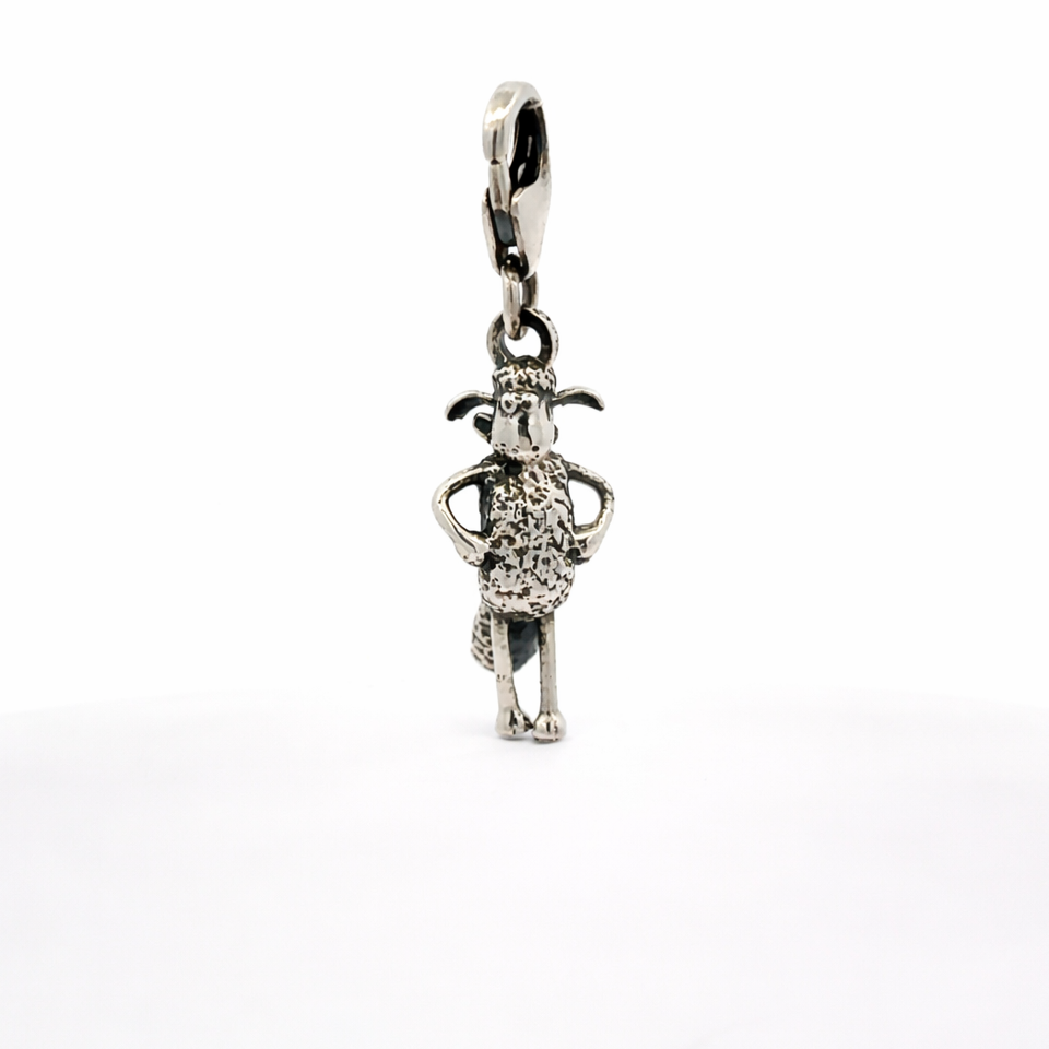 Shaun the Sheep sterling silver clip-on charm with hands on hips and textured woolly finish
