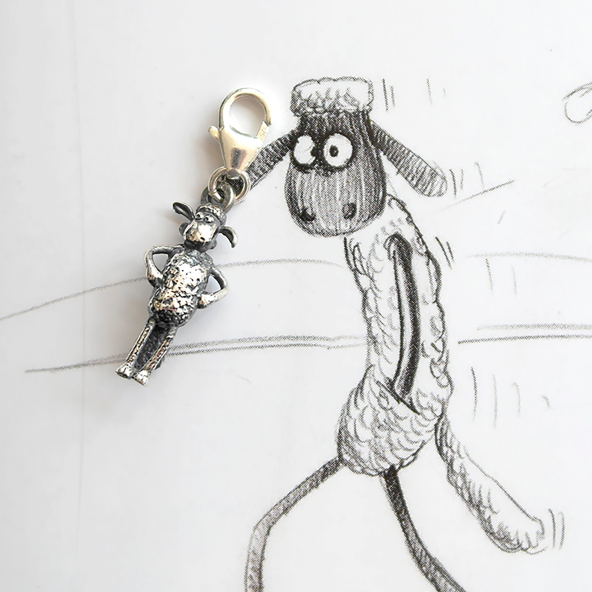 Shaun the Sheep sterling silver clip-on charm with hands on hips and textured woolly finish