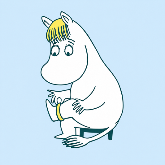Snorkmaiden from Moomin sitting with her bracelet illustration of a white character with a yellow hair-like tuft sitting on a small stool against a light blue background.