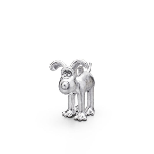 Close-up of the Standing Gromit Charm in sterling silver, highlighting the fine craftsmanship and antique-style finish.