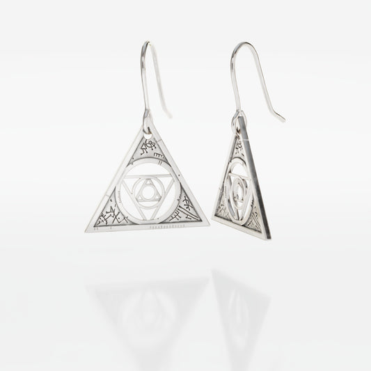 Aughra's Triangle Earrings in sterling silver, inspired by The Dark Crystal. Features the Eye of the superimposed suns within a detailed triangle design, symbolising the cosmic Great Conjunction. Perfect for fans of Jim Henson’s fantasy world