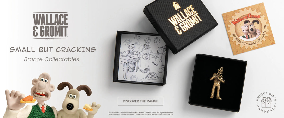 Wallace and Gromit bronze collectables with handmade jewellery gift packaging