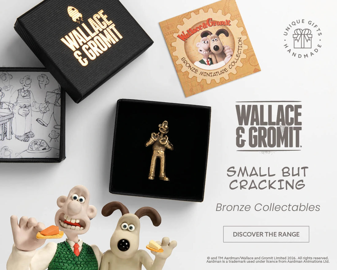 Wallace and Gromit bronze collectables with handmade jewellery gift packaging
