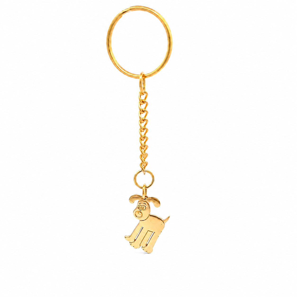 Gold Wallace & Gromit Gromit bag charm keyring with chain on a clean white background