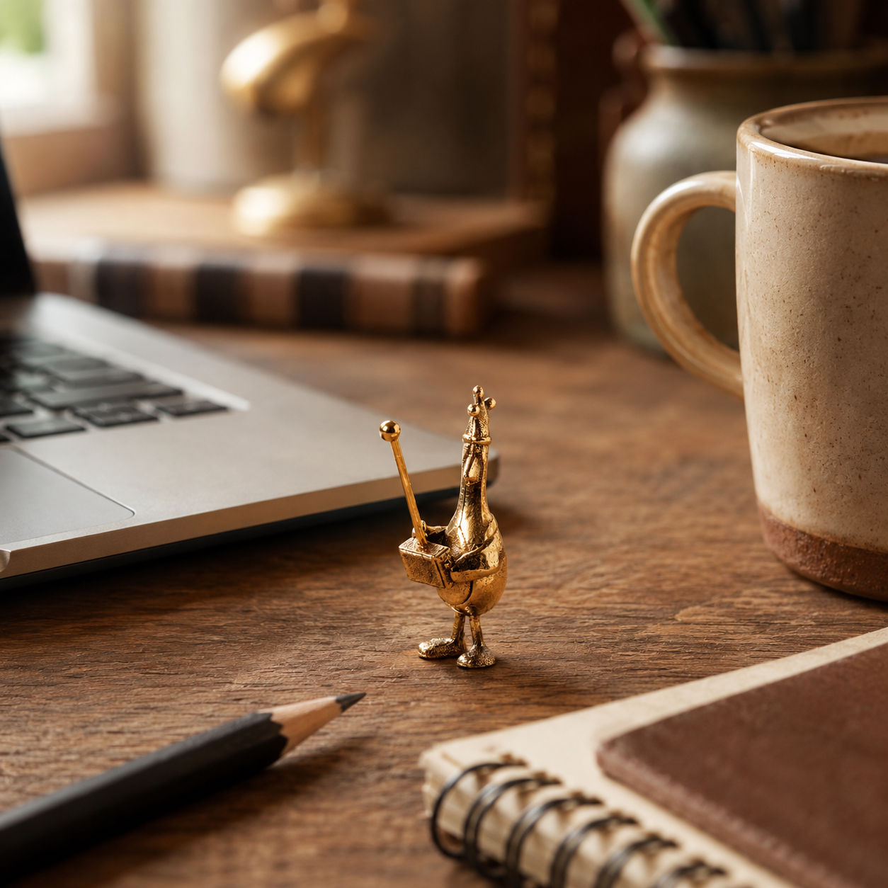 Miniature Wallace & Gromit Feathers McGraw bronze figurine styled on a desk beside a laptop, notebook, pencil and mug to show its small collectable size.