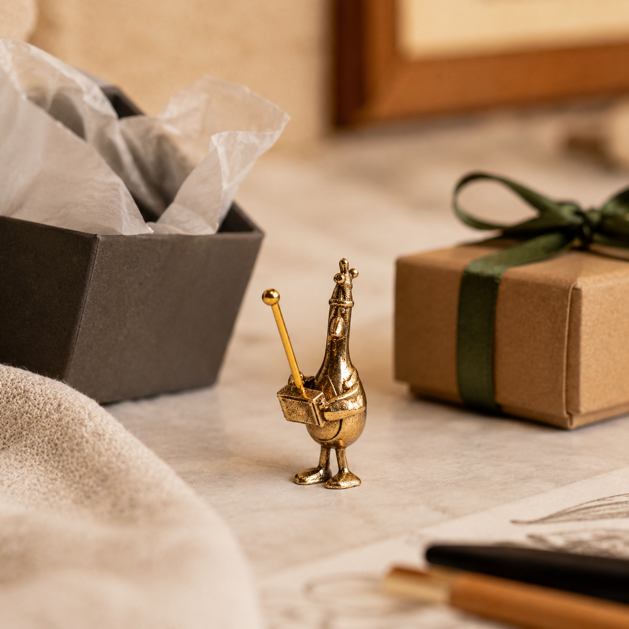 Miniature Wallace & Gromit Feathers McGraw bronze figurine styled beside a gift box and tissue paper in a warm, premium collectable gift setting.
