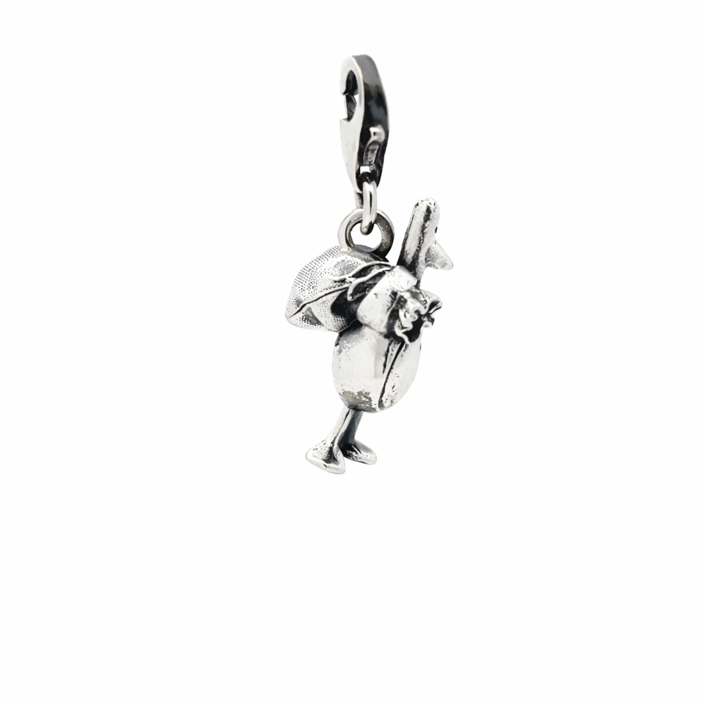 Angled rear view of Feathers McGraw sterling silver clip-on charm from Wallace & Gromit