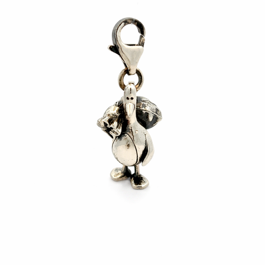 Feathers McGraw sterling silver clip-on charm from Wallace & Gromit, shown front view with lobster clasp