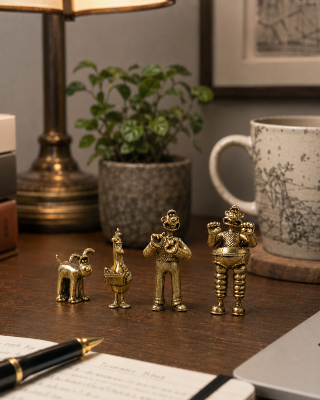 Licensed To Charm officially licensed Wallace & Gromit bronze miniature figurine collectables featuring Wallace, Gromit and Feathers McGraw from The Wrong Trousers, styled in a warm nostalgic setting.