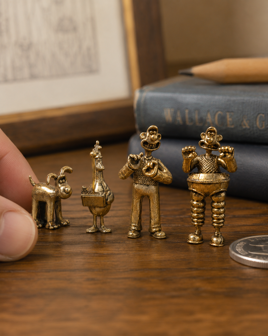 Small Wallace & Gromit bronze figurines displayed on a desk beside a notebook, pen, laptop and mug to show their miniature size
