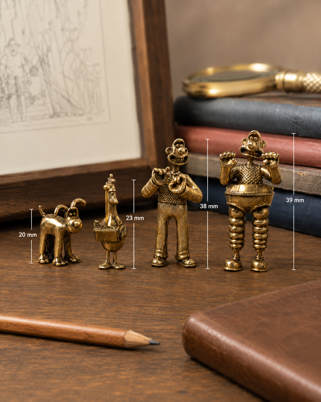 Wallace & Gromit miniature bronze figurine size comparison showing Gromit at 20mm, Feathers McGraw at 23mm, Wallace at 38mm and Wrong Trousers Wallace at 39mm