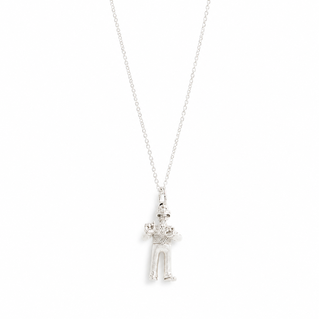 Sterling silver Wallace & Gromit Wallace necklace on a fine chain, shown on a clean white background.