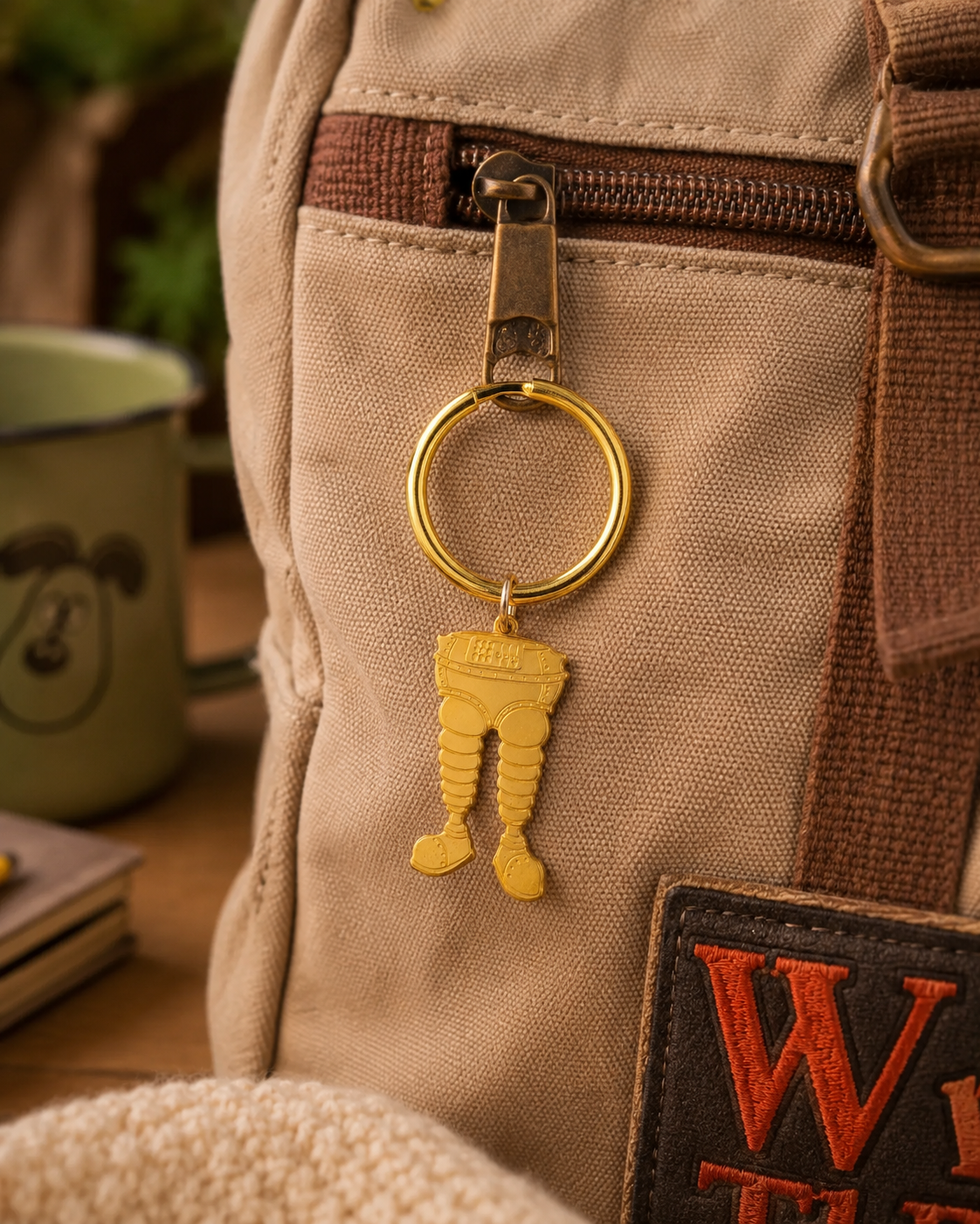 Wallace & Gromit Wrong Trousers gold keyring attached to the zip of a casual canvas backpack.