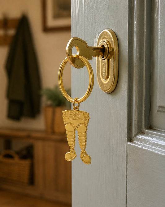 Wallace & Gromit Wrong Trousers gold keyring attached to a house key in a front door lock.