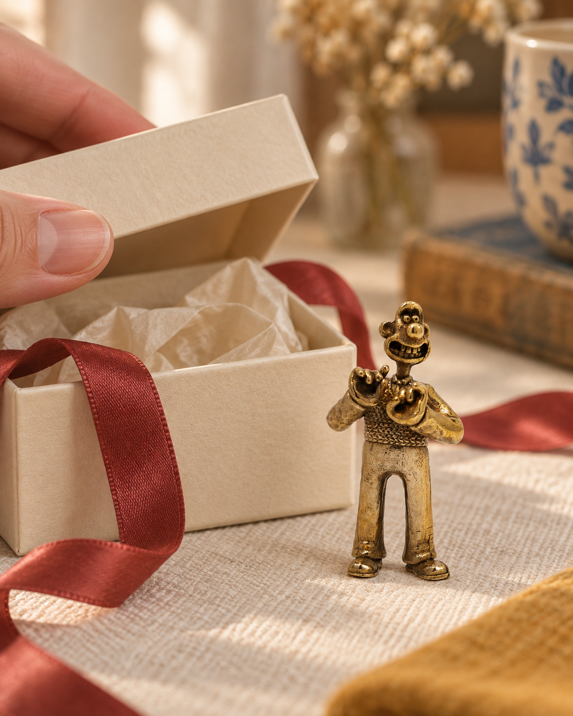 Miniature Wallace bronze figurine beside an open cream gift box with tissue paper and red ribbon, with an adult hand lifting the lid.