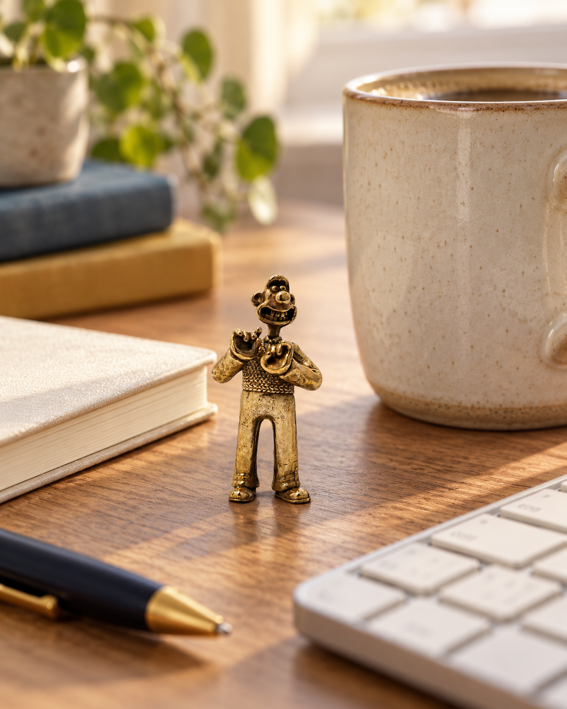 Miniature Wallace bronze figurine standing on a wooden desk beside a cream notebook, keyboard and ceramic coffee mug.