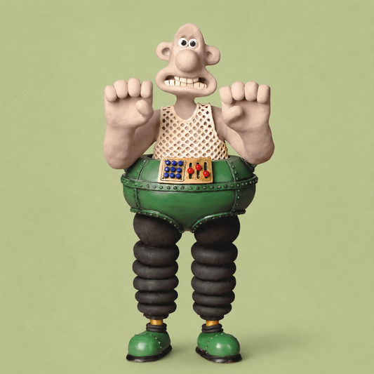 Wallace figurine of a muscular character with exaggerated spring legs, wearing a beige mesh top and green shorts, posed against a solid light green background.