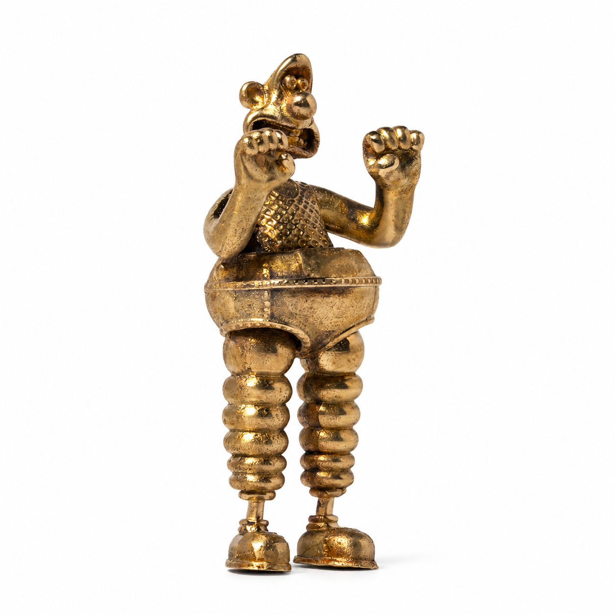 Left side view of Wallace in the Wrong Trousers miniature bronze figurine with raised arms and detailed trousers.