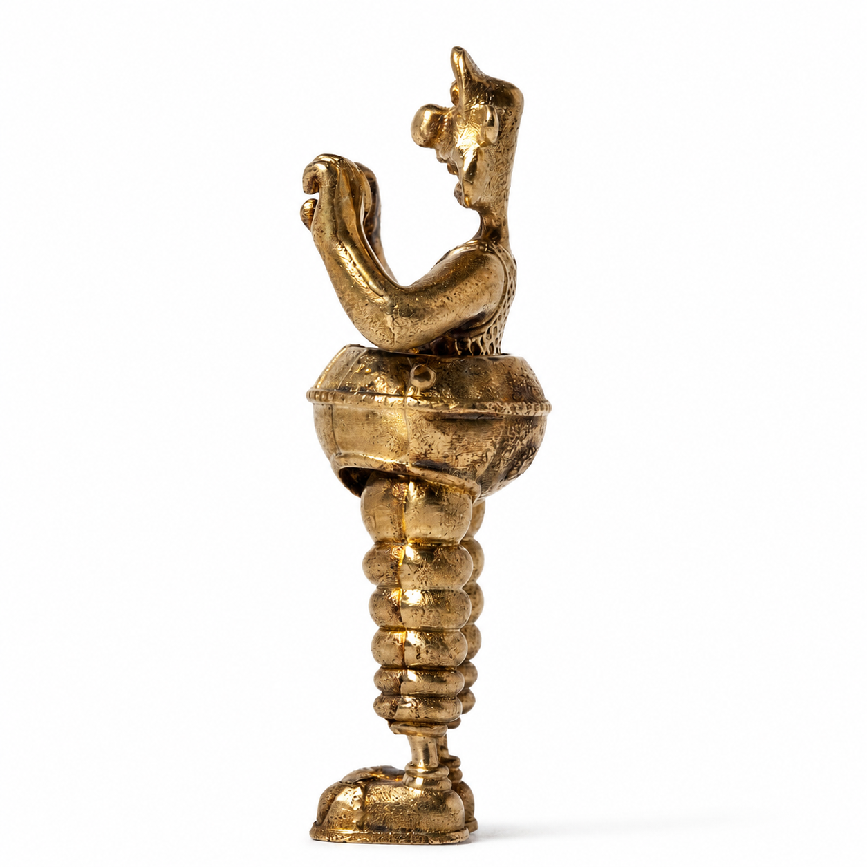 Three-quarter front view of Wallace in the Wrong Trousers miniature bronze figurine with textured bronze detailing.